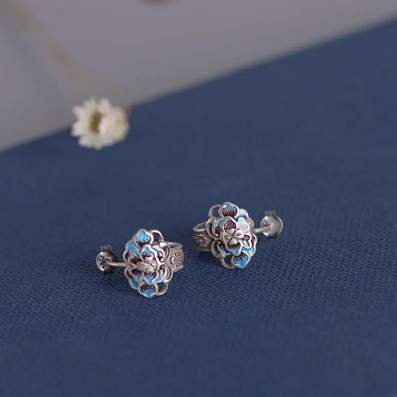 New Style Burnt Blue Earrings Female Retro Chinese Peony Cloisonne Temperament Jewelry Accessories | Украшения и аксессуары