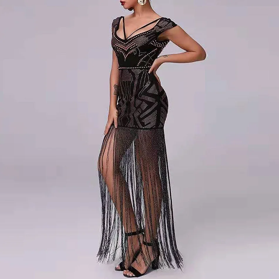 Ailigou Outono Novas Mulheres Borla Frisado Bodycon Vestido сексуальное Бандажное платье с лямкой на шее Manga Curta vestido de festa