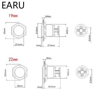 Pulsador de botón, luz LED de 19mm y 22mm, 12V, 24V, 110V, 220V, 4 pies de tornillo, botón de encendido impermeable 2
