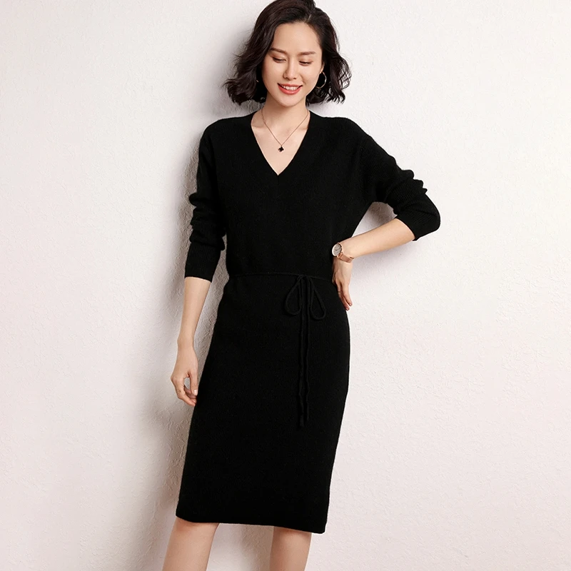 new autumn female V-neck Knee-length cashmere sweater one-piece dress casual solid sheath cute women dress