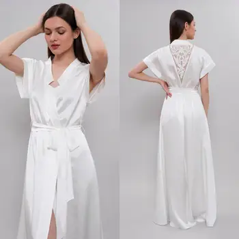

2020 Silk Satin BathRobe with Lace Short Sleeve Night Robe Custom Made Sleepwear Nightgown Robes Homedress