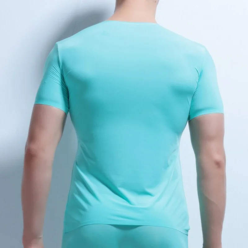 Man Undershirt Ultra-thin Ice Silk Transparent Short Sleeve T-shirts Male Breathable Tops Tee Stretch Tracksuit Tops Plus Size