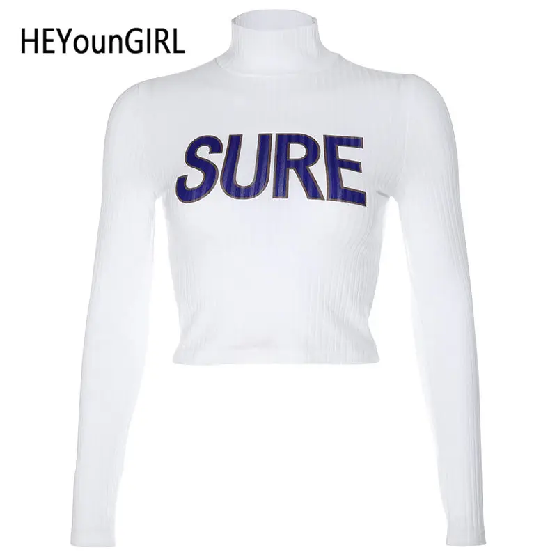 Белый HEYounGIRL с буквенным принтом Водолазка укороченная футболка Повседневная белая Базовая Женская футболка Топы ребристая уличная одежда футболка Женская Осенняя - Цвет: Белый