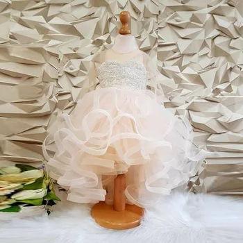 

primera comunion Blush Pink Flower Girl Dress Ruffles robe de bal kiz cocuk elbise Hi Low Wedding Dresses for Girls Applique Bow