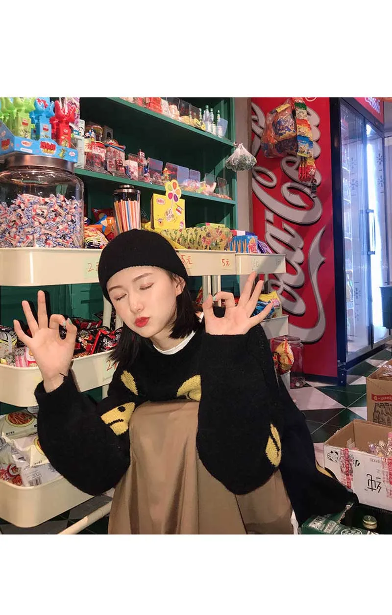 NiceMix пуловер с круглым вырезом и рисунком смайлика для женщин, свитер размера плюс, свободный модный трикотаж, осенний зимний свитер+ юбка, комплект
