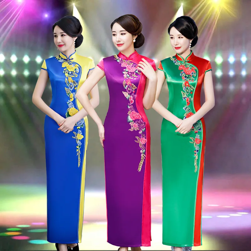 

Etiquette Cheongsam Long Summer And Autumn Middle-aged Elegant Elegant Catwalks Stage Performance Large Size Banquet Cheongsam