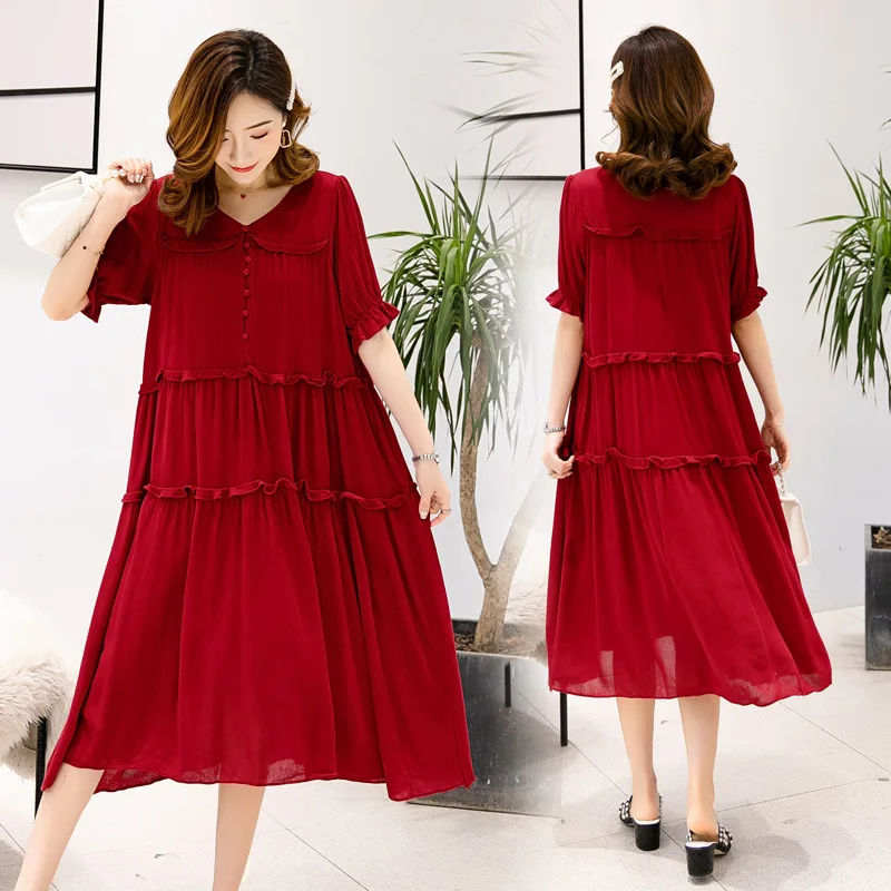 

Pregnant Women Dress 2019 Summer Wear Loose-Fit Mid-length Cake Dress Frilled Korean-style Maternity Dress Summer