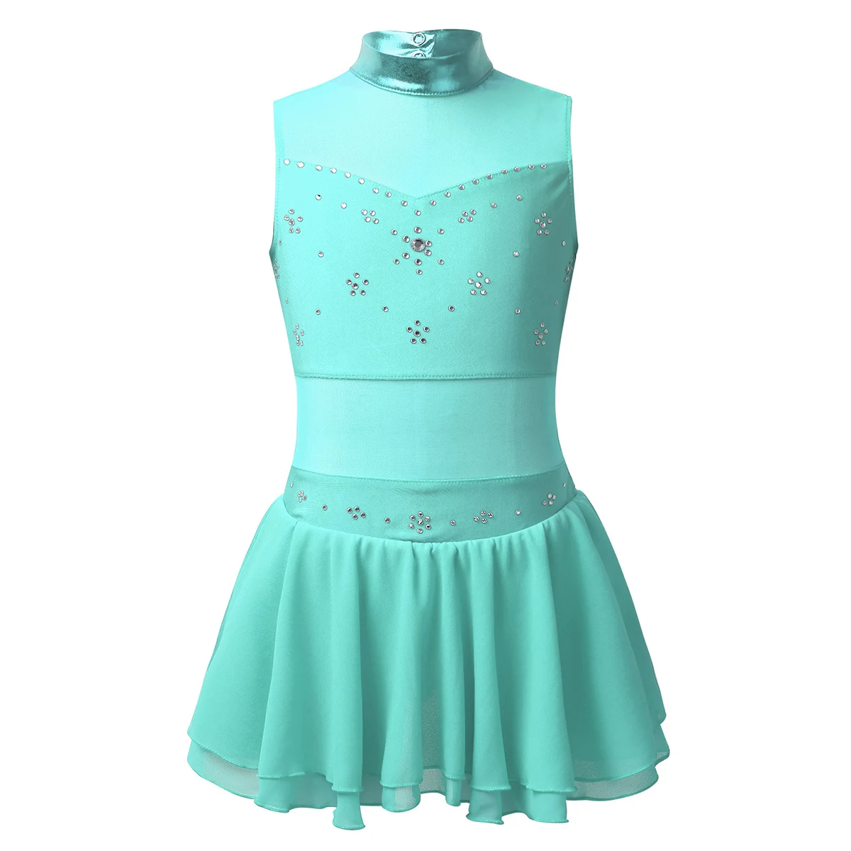 6-14 Years Kids Girls Metallic Mock Neck Tulle Cutouts Back Sparkly Rhinestone Figure Ice Skating Roller Ballet Dress |