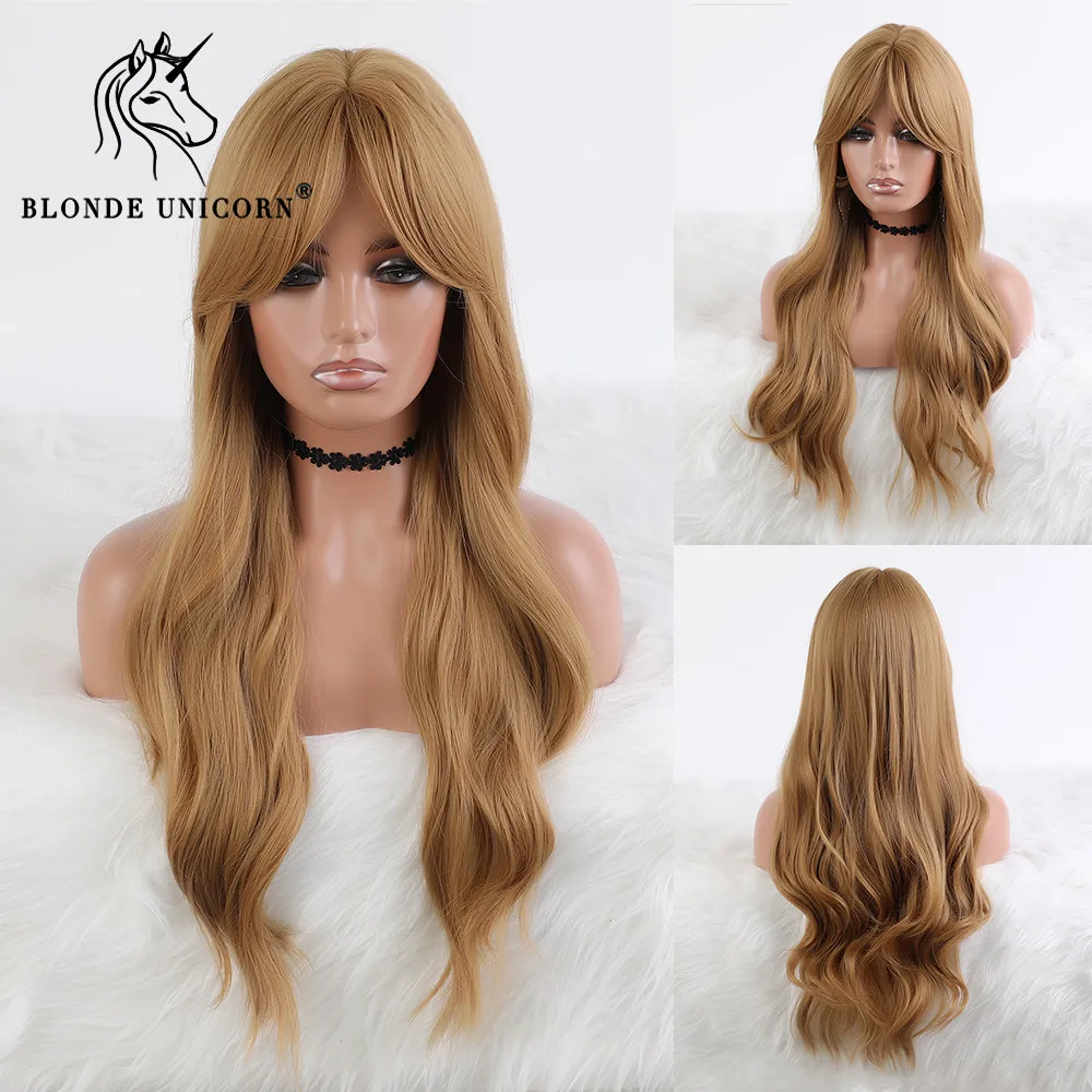 Длинные волнистые синтетические парики блонд единорог с челкой коричневые