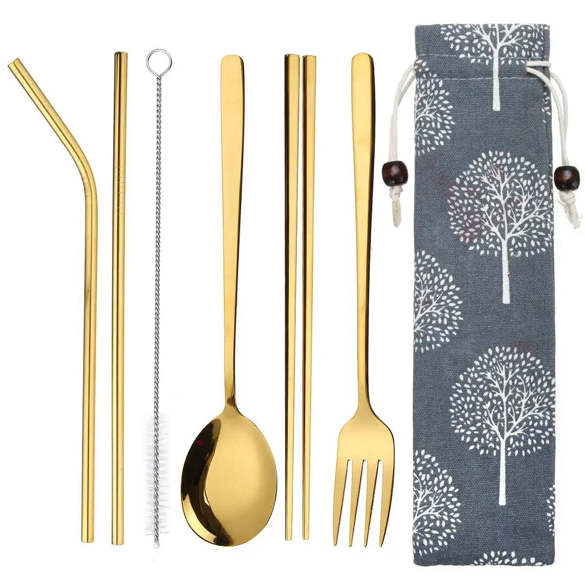 Gold tree Portable Travel Dinneware Set Stainless Steel Fork Scoop Chopsticks Reusable Straw Silverwar Set Rainbow Cutlery with Pouch - Color: Gold tree