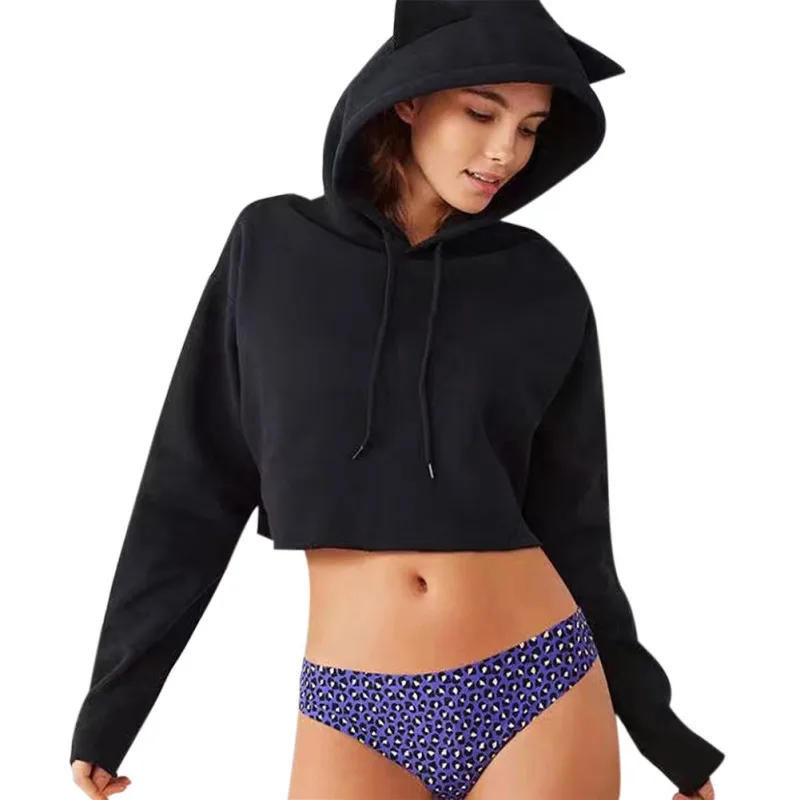 Hoodies Women Hoodied Sweatshirt Solid Color Cat Ears Long-sleeved Plus Size Hoodied Sweatshirt Simple Sweatshirt