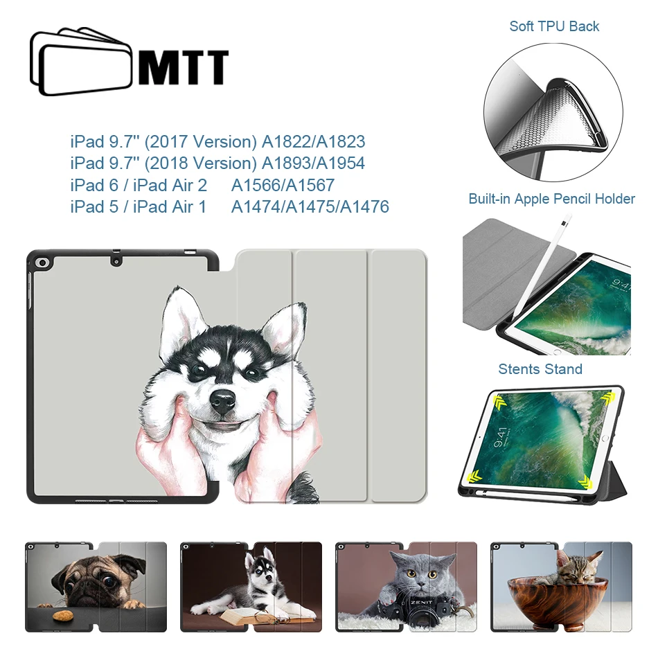 Чехол MTT с милой кошкой и собакой для iPad 9,7 дюймов Air 1/Air 2, мягкий чехол из искусственной кожи с откидывающейся крышкой-подставкой и карандашом, чехол для планшета