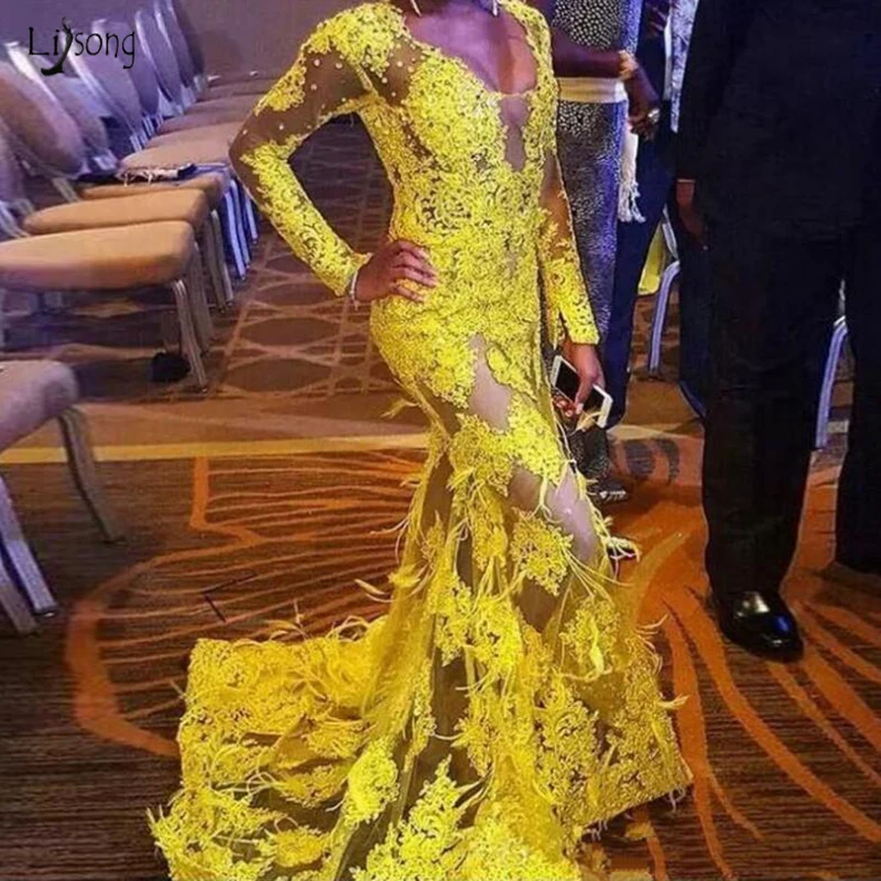 

Arabic Dubai Long Sleeve Mermaid Evening Gown 2020 Fashion Yellow Lace Appliques Feather Long Evening Party Dresses For Women
