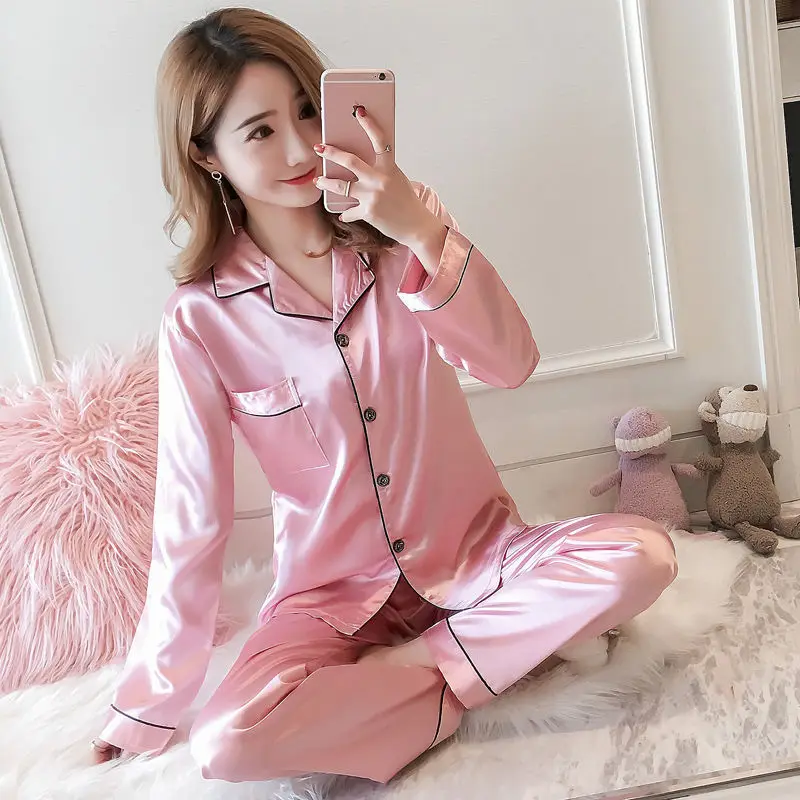 

Pajamas Women Spring Autumn Ice Silk Long Sleeve Korean Autumn Winter Two Piece Suit Thin Sexy Plus Size Fattening Home Clothes