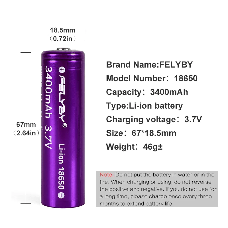 HOT!FELYBY New Original 18650 Battery 3.7V 3400mAh 2-10pcs High Capacity Lithium Rechargeable Batteries