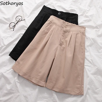 

Shorts Women Summer 2XL Loose High-waist All-match Sport Short Pants Wide Leg Button Khaki Black Womens Students Knee-length New