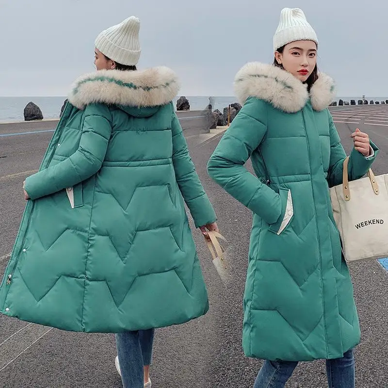 Длинная куртка с воротником из искусственного меха женская тонкая удлиненная шапка пальто с хлопковой подкладкой женская теплая Утепленная зимняя верхняя одежда зимние парки mujer - Цвет: 4