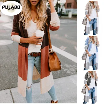 

Autumn Sweater Women Long Sleeve Patchwork Knitted Open Front Rainbow Striped Cardigan Women Coat Sueter Mujer Invierno 2020