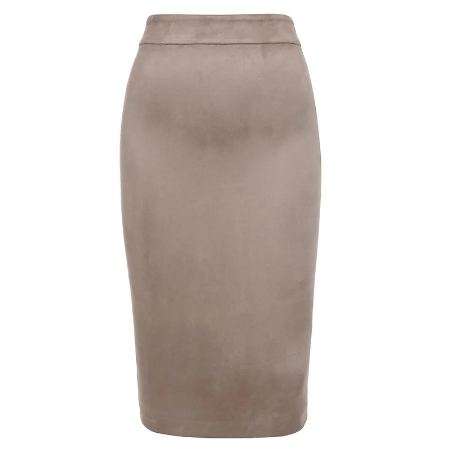 Fall winter bodycon midi pencil skirts women high waist zip down vintage elegant knee length suede black sexy skirts female 4 colors