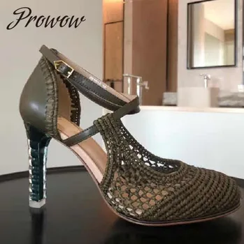 

Ollymurs High Quality Knitted Hollow Out Autumn Fashion Pumps Clear Spiral Heels Ankle Strap Runway Pumps Shoes Women