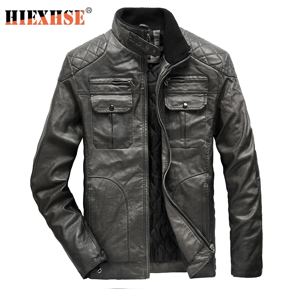 

HIEXHSE Mens Leather Jackets Motorcycle Stand Collar Zipper Pockets Male US Size PU Coats Biker Faux Leather Fashion Outerwear