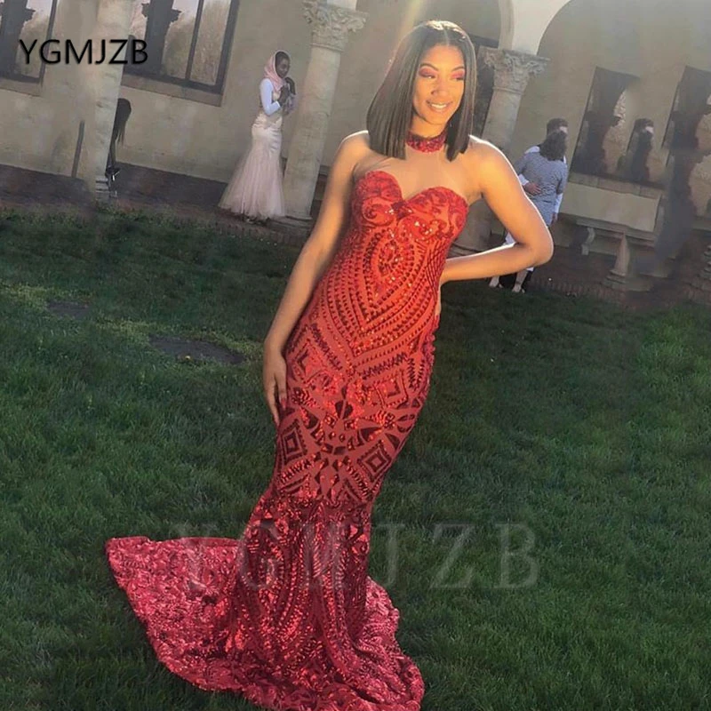 Long Red Prom Dresses 2020 Mermaid Sweetheart African Women Sparkly Sequin Formal Black Girl Party Evening Gala Gowns red prom dress