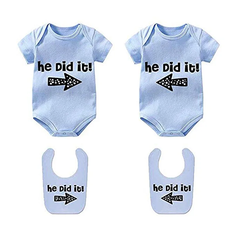  YSCULBUTOL Baby Twins Bodysuits He/She Did It Twins Outfit Cotton Infant Bodysuits with Bibs two se