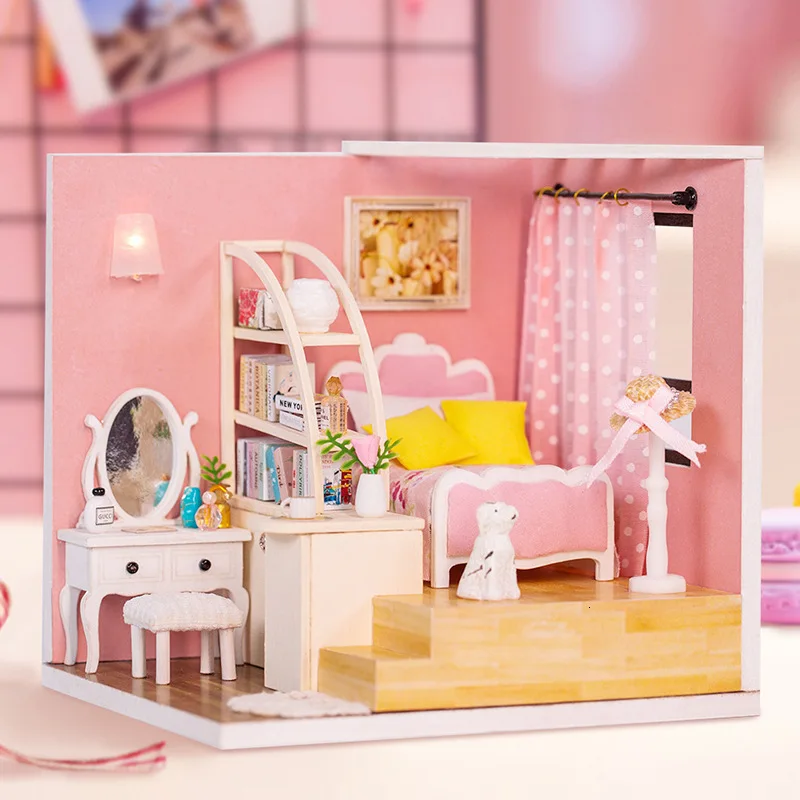 M-012 счастливое гнездо 3D DIY мебель миниатюрный деревянный кукольный домик светильник для кукол ручной работы Miniaturas детские игрушки для детей