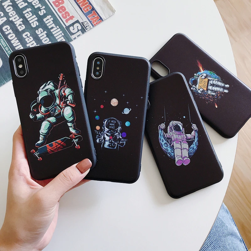 Черный чехол из ТПУ для Apple iPhone X XR XSMax 11 Модный с мультяшным астронавтом 6 6S 7 8 Plus