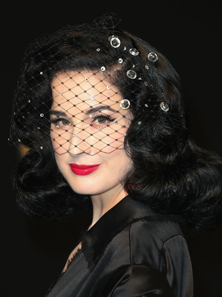 One Layer Black Bridal Hats Crystal Beaded Net Birdcage Face Veils