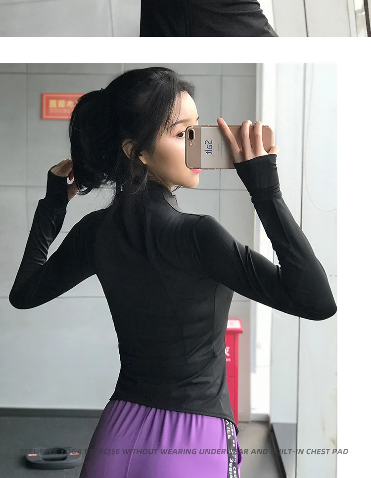 Приталенная куртка для бега Женская эластичная Спортивная ветрозащитная рубашка для йоги с длинным рукавом на молнии Спортивная тренировочная куртка с отверстиями для большого пальца