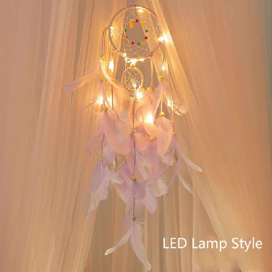Purple LED Lamp Украшение для дома Ловец снов с огнями перья ручной работы украшения подарок на день рождения настенные подвесные украшения для автомобиля - Цвет: Purple LED Lamp