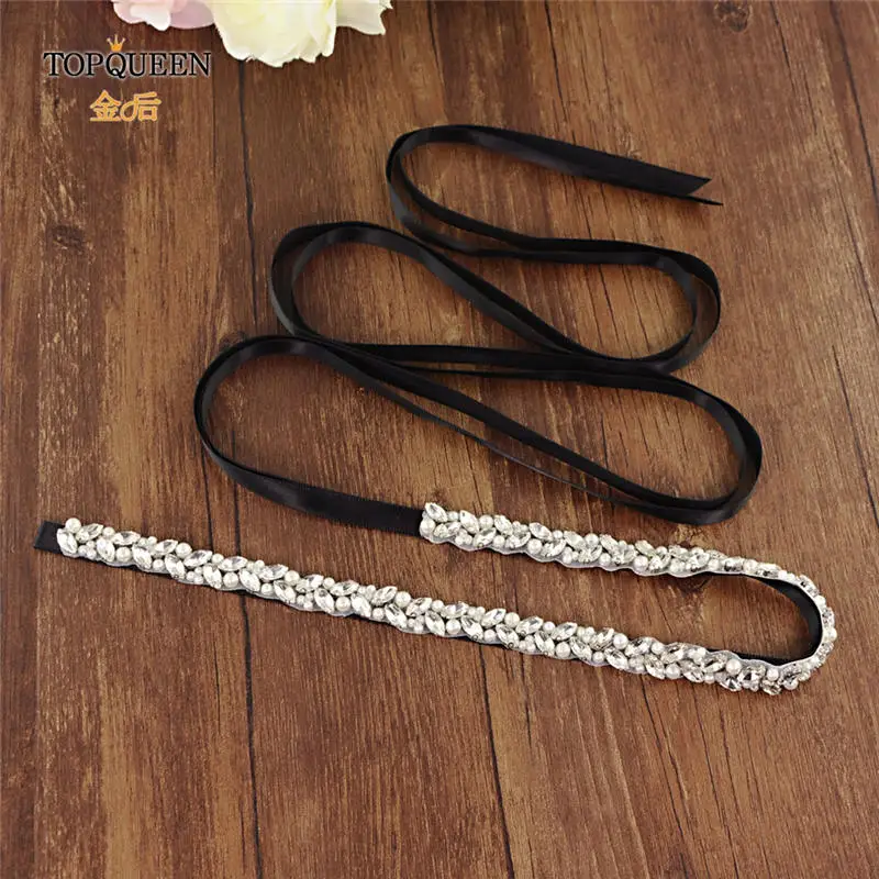 Black TOPQUEEN S383-S Wedding dress belt pearl Sliver diamond belt luxury rhinestone belt rhinestone trim applique bridal belt - Цвет: Black