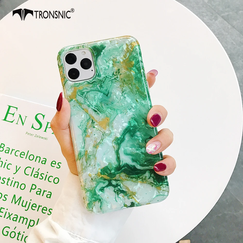 Зеленый Текстурный мраморный глянцевый чехол для телефона для iPhone 11 Pro Max XR X XS MAX, Мягкий Роскошный зеленый красный чехол для iPhone 6 6s 7 8 Plus - Цвет: Зеленый