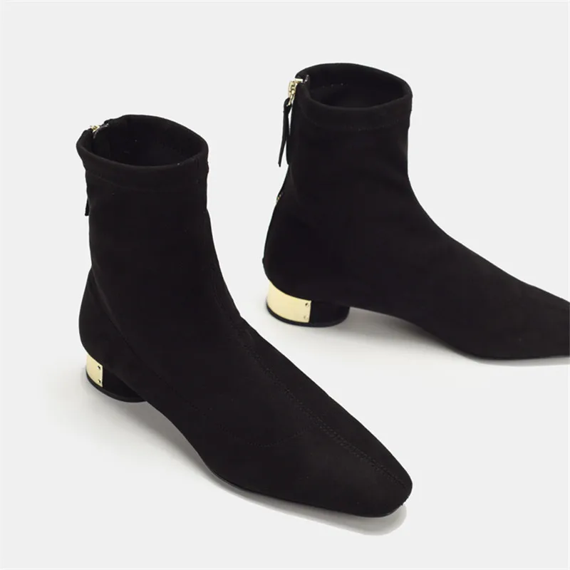 Jady/женские носки из флока с розой; ботильоны на квадратном низком каблуке; Botas Mujer; осенние короткие ботинки; женская обувь на молнии сзади