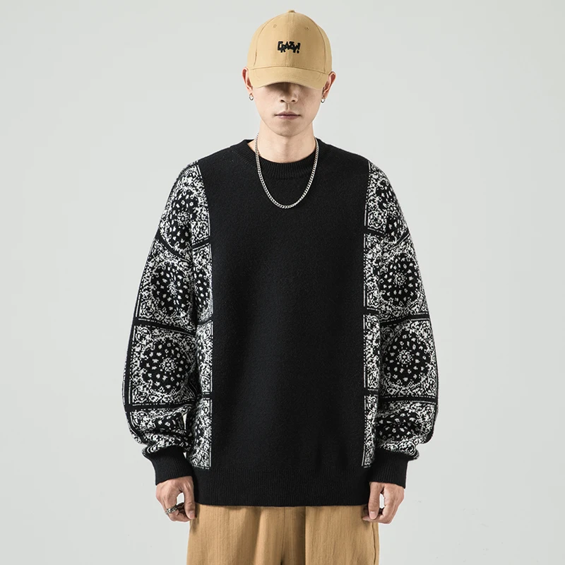 

New Ethnic Style Color Patchwork Knit Street Stylish Men's Hip Hop Casual Pullovers Sweaters Male Fashion Full Sleeves Paisley