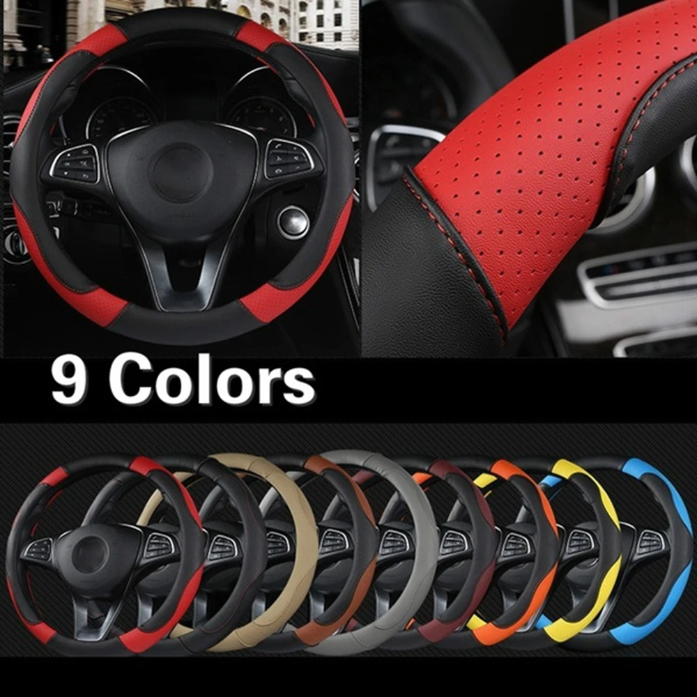 

Universal Sport Style Contrast Color Non-slip Sweat Good Breathable PU Leatherette 15 Inch Car Steering Wheel Cover