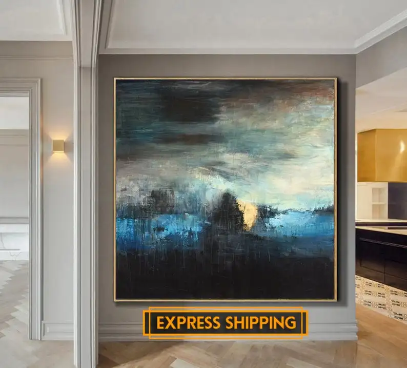 Oversize Painting Blue Art Abstract Black Living Room Wall Texture Canvas on Oil Paintings | Дом и сад