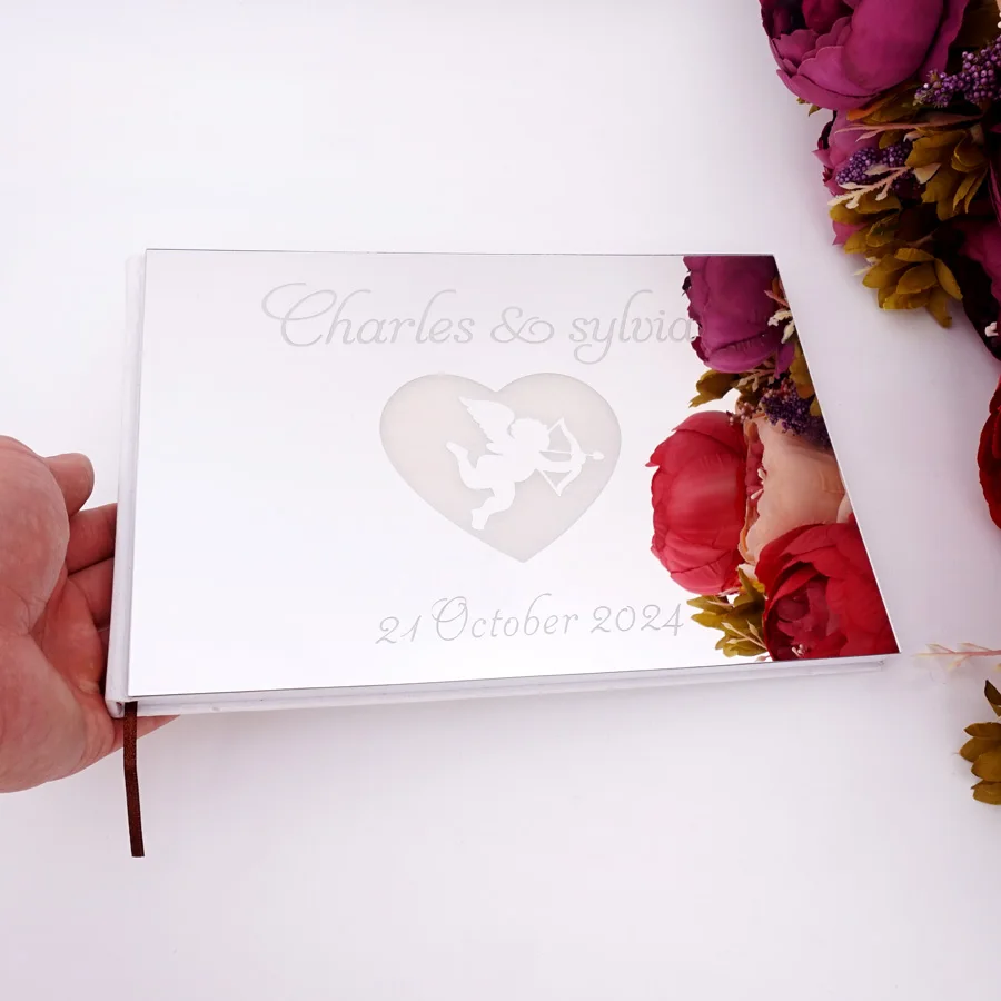 25*18cm Romantic Cupid Heart Style Wedding Signature Guest Book Acrylic Mirror Cover Personalized Blank Pages Party Gift