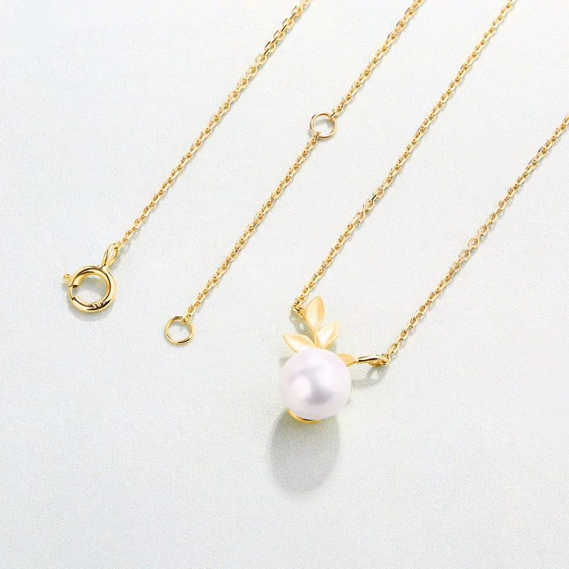 Delicate Pearl Leaf 14K Real Solid Gold Pendant Charm Necklace for Women Female Upscale Elegant Genuine Gemstone Office Jewelry