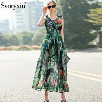 

Svoryxiu Runway Forest Animal World Print Summer Tank Maxi Dress Women's Sexy V Collar Bohemia Chiffon Long Sleeve Dresses