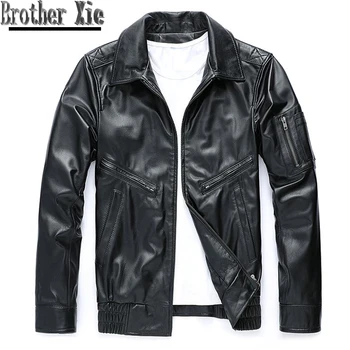 

Italy Men Luxury Genuine Leather Motorcycle Biker Jacket Brand High Quality Sheepskin Real Leather Flight Jacket Black Slim Coat