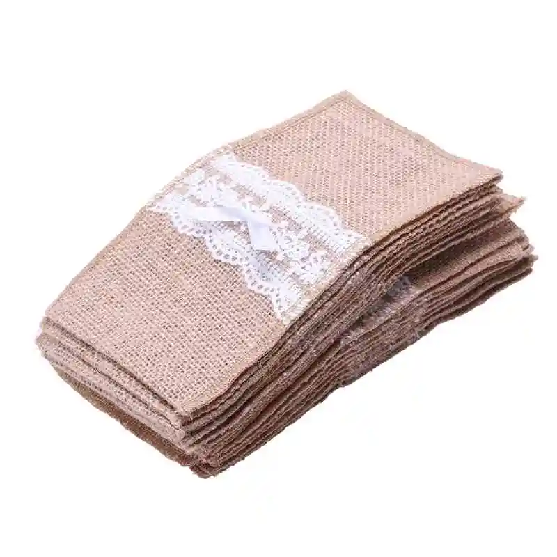 

Hot Sale Holder Knife Fork Spoon Cutlery Burlap Jute and Lace Storage Bag 20 Pcs