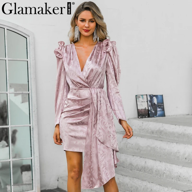 Glamaker жаккардовое атласное мини-платье с v-образным вырезом в стиле пэчворк с оборками элегантное облегающее платье с пышными рукавами Вечерние платья в стиле ретро на осень и зиму