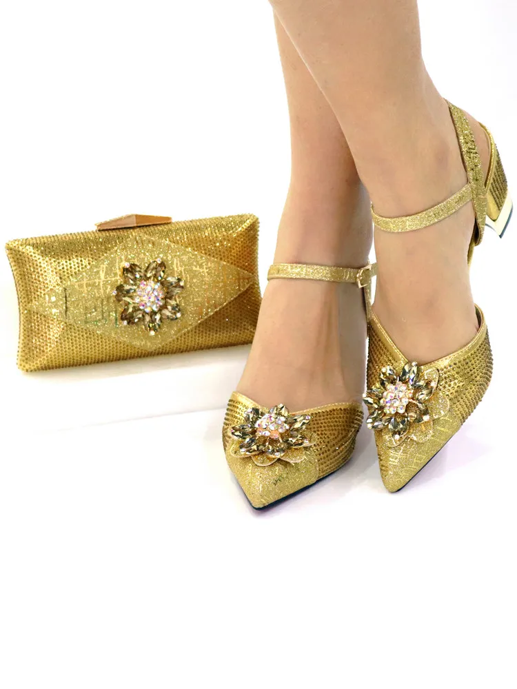 Gold Color African Ladies Wedding Shoes And Bag To Match Set Matching Shoes And Bag Italian Style Comfortable Heels