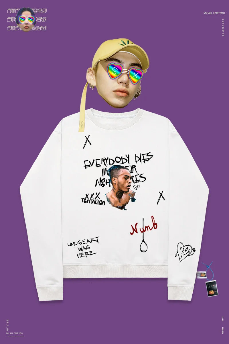 Хип-хоп рэп певец Xxxtentacion свитшоты с принтом сердца High Street с круглым вырезом свитер