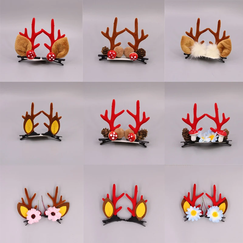 

Christmas New Cute Antler Hair Clips Festival Style Red Antler Headband Moose Mushroom Forest Nut Hair Accessories Hairpins