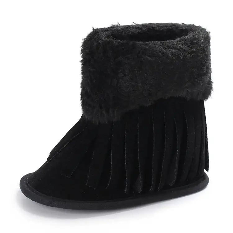 Детская обувь; зимние ботинки; теплые ботинки из искусственной замши с кисточками; От 0 до 2 лет для мальчиков и девочек с мягкой подошвой; обувь для прогулок на снегу - Цвет: Черный