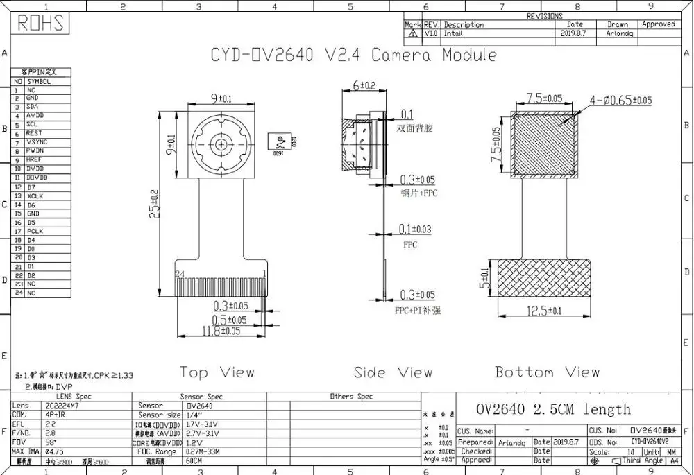 Подходит для модуля камеры ESP32 OV2640 2 млн пикселей 100 градусов широкий угол для модуля ESP32 24PIN 0,5 мм шаг