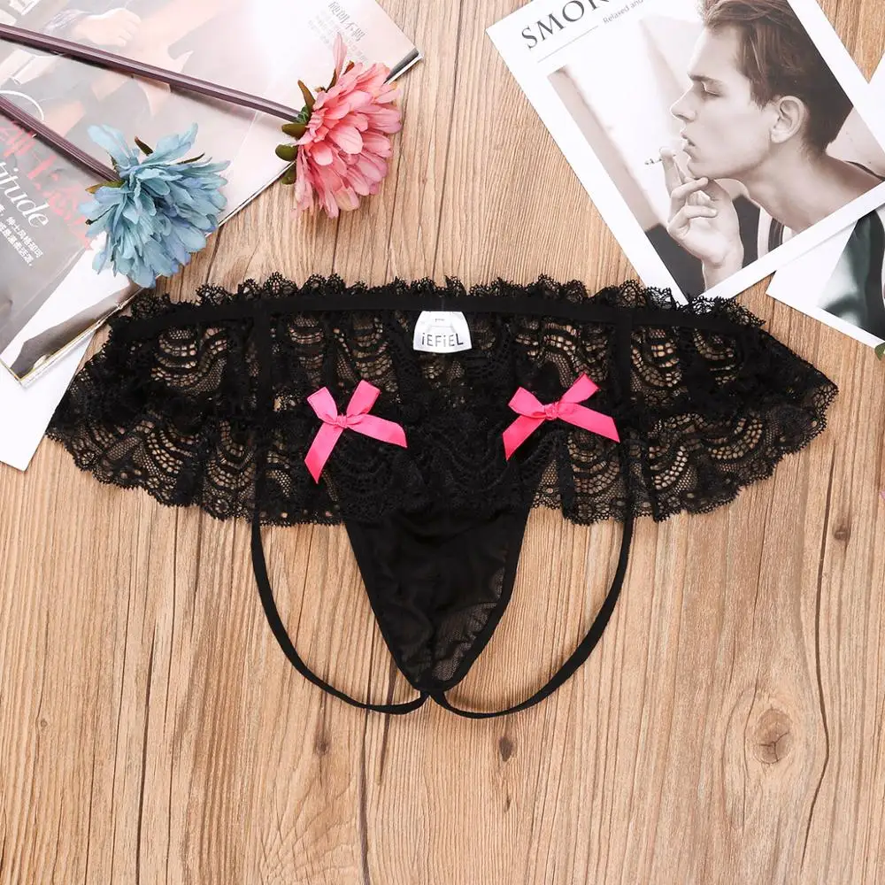 FEESHOW Sissy Мужское нижнее белье G Strings прозрачные сетчатые кружевные бантики